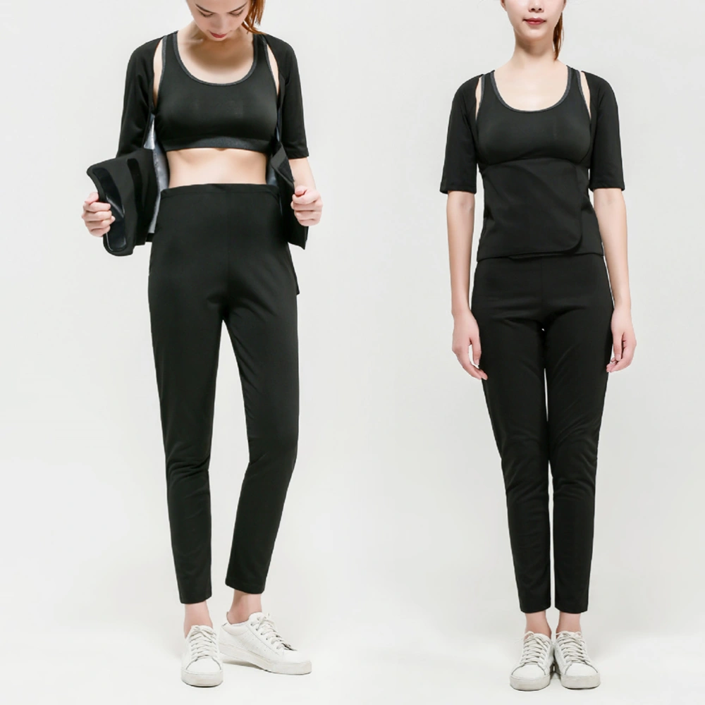 2pcs Women Sweatsuit Tracksuit Waist Abdomen Sports Fitness Running Suit Slimming Sweat Suit - Size XL (Black)