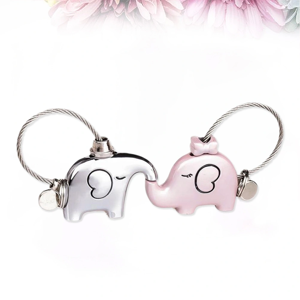 2PCS Kissing Elephants Couples Keychain Fantastic Valentine's Gift Hanging Decor for Key Bag Purse (Pink and Silver)