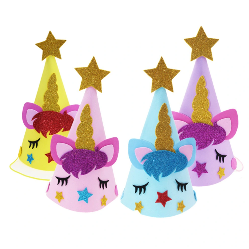 4pcs Glitter EVA Birthday Hats Unicorn Design Party Hat Birthday Party Decorations for Kids Child(Yellow, Blue, Pink, Purple, 1pc for Each Color)