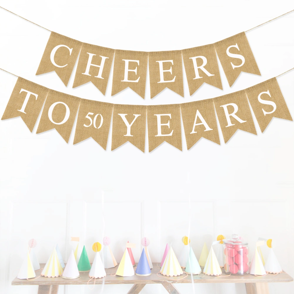 Birthday Bunting Banner Decorative Burlap Banner Linen Swallowtail Pull Flag Party Supplies (CHEERS TO 50 YEARS Letters)