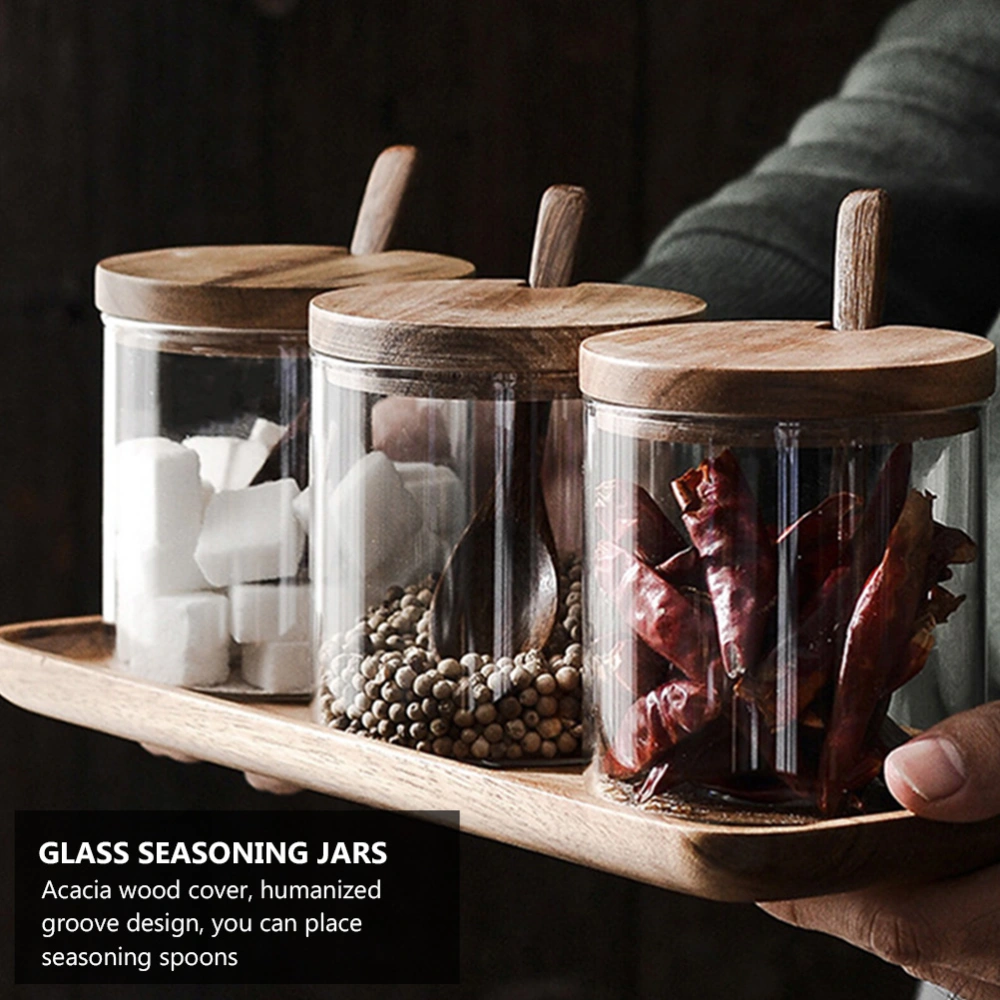 2 Pcs Household Glass Seasoning Bottles Soy Jars with Spoon and Wood Lid