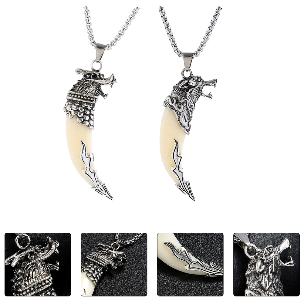 2PCS Cool Male Necklace Metal Chain Wolf Head Dragon Head Choker Decor(2 Styles)