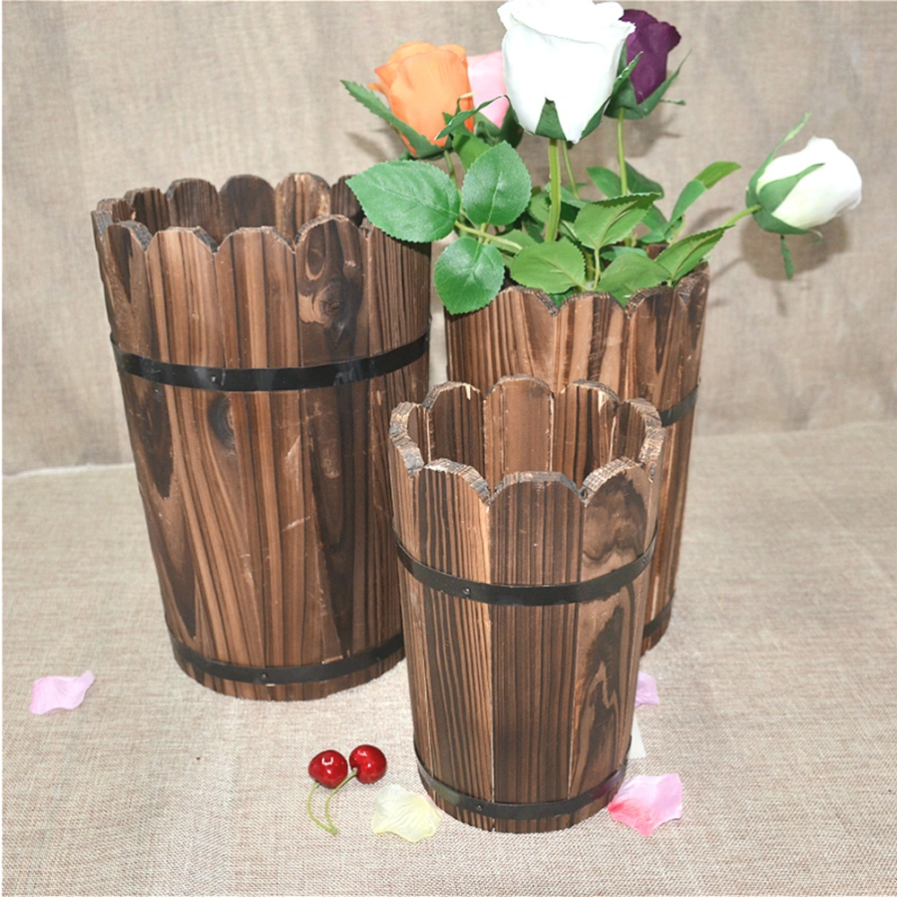 1PC Retro Wooden Flower Bucket Carbonization Flower Arrangement Wood Barrels Creative Flower Arrangement Kettle Handmade Flower Container for Home Shop Office (Coffee Size L)