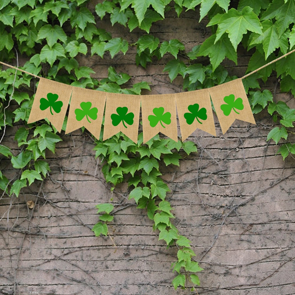 Saint Patrick's Day Party Decoration Linen Bunting Banner Green Clover Patterns Burlap Banner Swallowtail Pull Flag