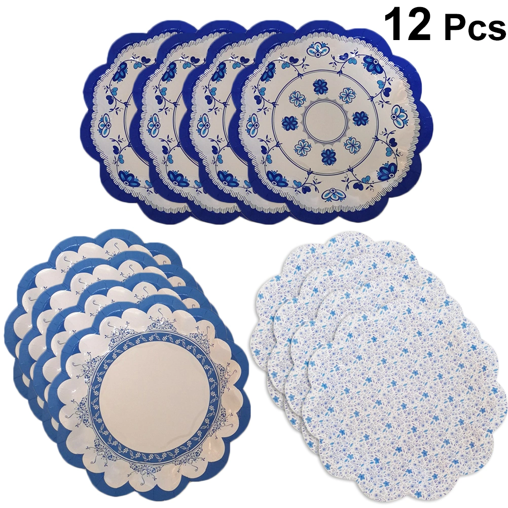 12PCS Chinese Style Flower Shape Cake Plates Decorative Blue and White Porcelain Design Paper Dessert Plates for Appetizer Wedding Party