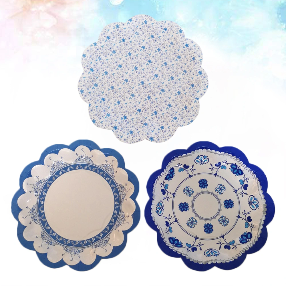 12PCS Chinese Style Flower Shape Cake Plates Decorative Blue and White Porcelain Design Paper Dessert Plates for Appetizer Wedding Party