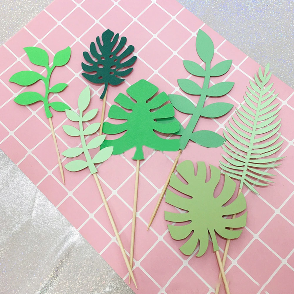 21pcs Hawaii Theme Green Leaves Cake Toppers Cake Picks Cupcake Decor Party Supplies for Wedding Birthday Festival