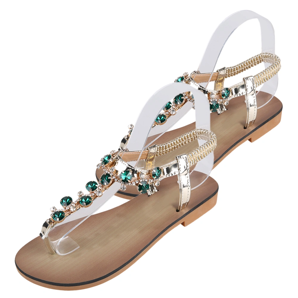 1 Pair of Flat Roman Sandals Summer Women Rhinestone Shoes Cool Toes Sandals Footwear Supplies (Green, Size 37, 6.5US, 4UK，37.5EU, 9.2355Inch)