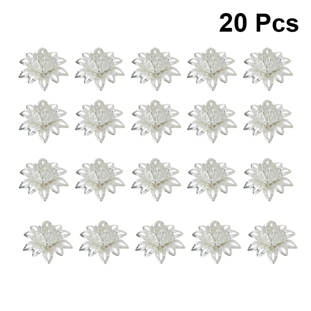 20PCS DIY Accessories Lotus Beads Flower Caps Pendant Charms Hollow Spacer End Caps for Jewelry Necklace Bracelet Making (Silver)