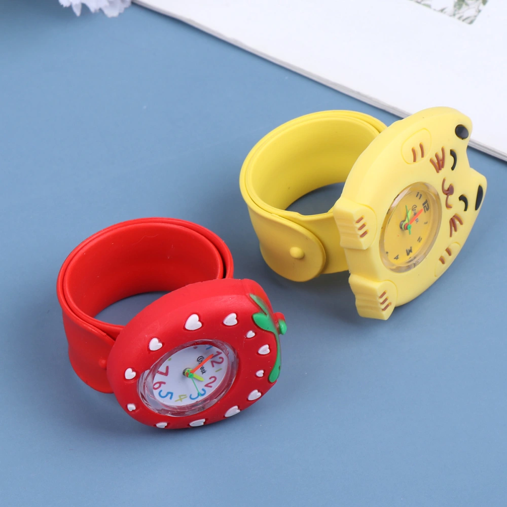 2Pcs Kids Cartoon Watches Creative Slap Watches Kids Quartz Slap Wristwatches Creative Students Gifts (Pink Cat Red Strawberry Pattern 1 Each)