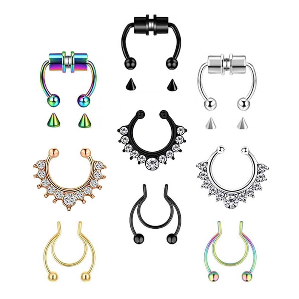9pcs Stainless Steel Rhinestone Nose Rings Nose Cuffs Fake Nose Jewelry