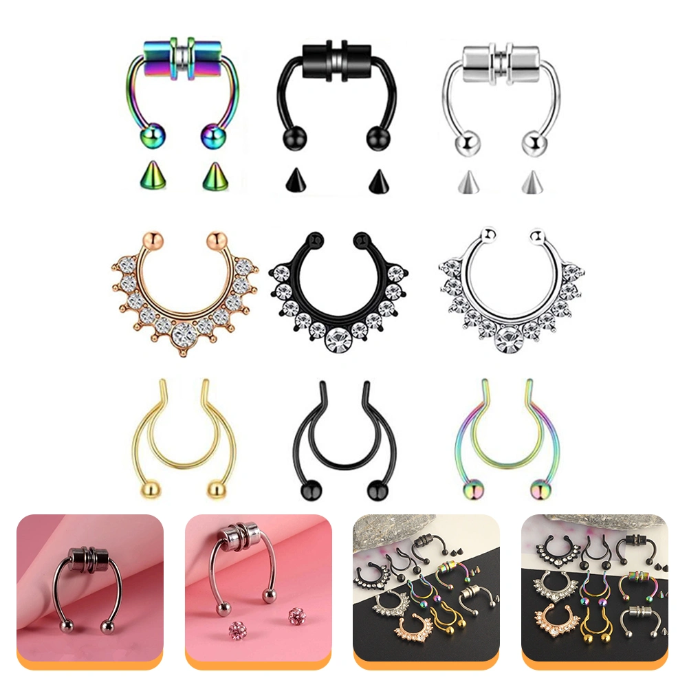 9pcs Stainless Steel Rhinestone Nose Rings Nose Cuffs Fake Nose Jewelry