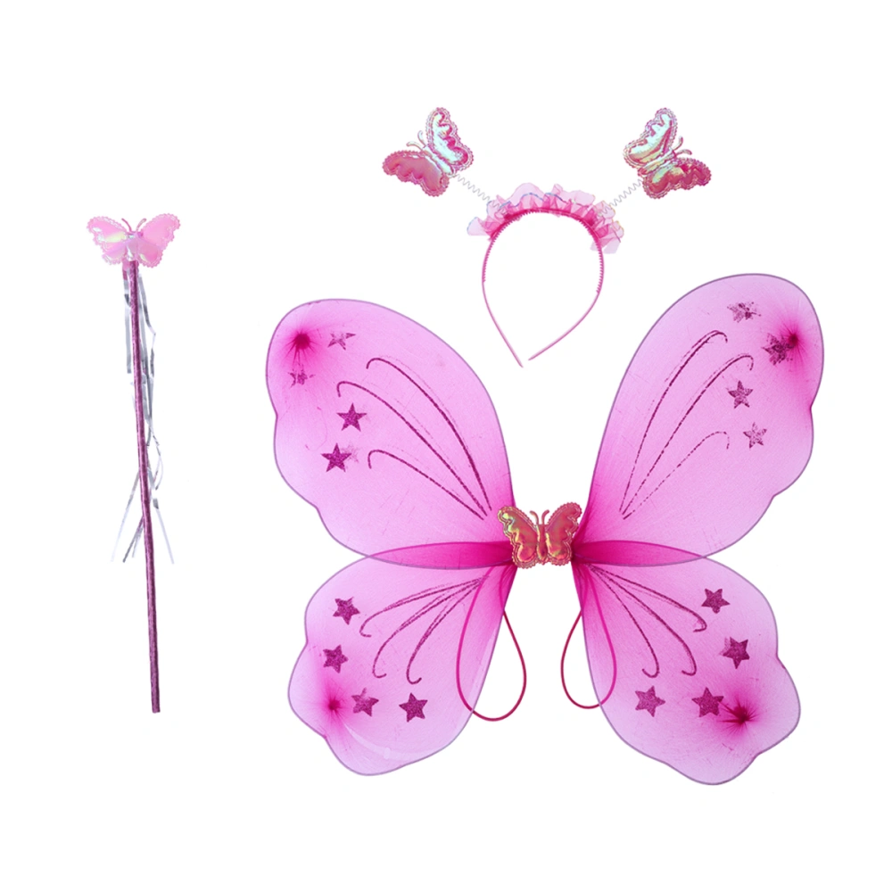 3pcs Girl's Costume Set Wings with Headband and Fairy Kids Performance Party Costume (Rose Red, Random Pattern of Wings)