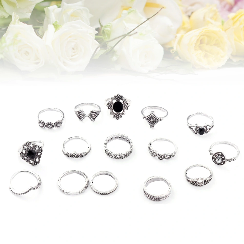 15 Pcs Retro Carved Female Rings Hollow Geometric Black Gemstone Rings Finger Ring Set for Women Girls (Silver)