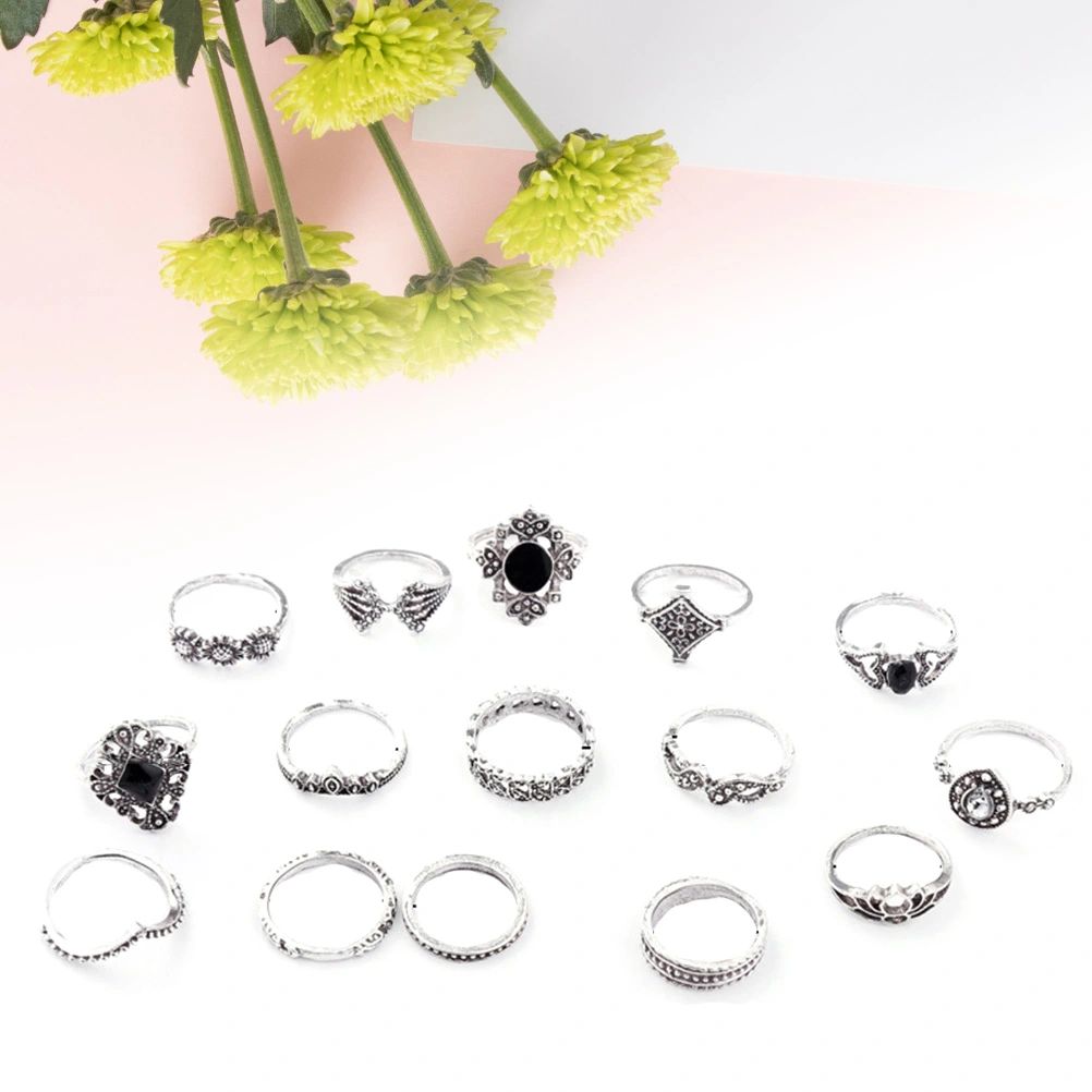 15 Pcs Retro Carved Female Rings Hollow Geometric Black Gemstone Rings Finger Ring Set for Women Girls (Silver)