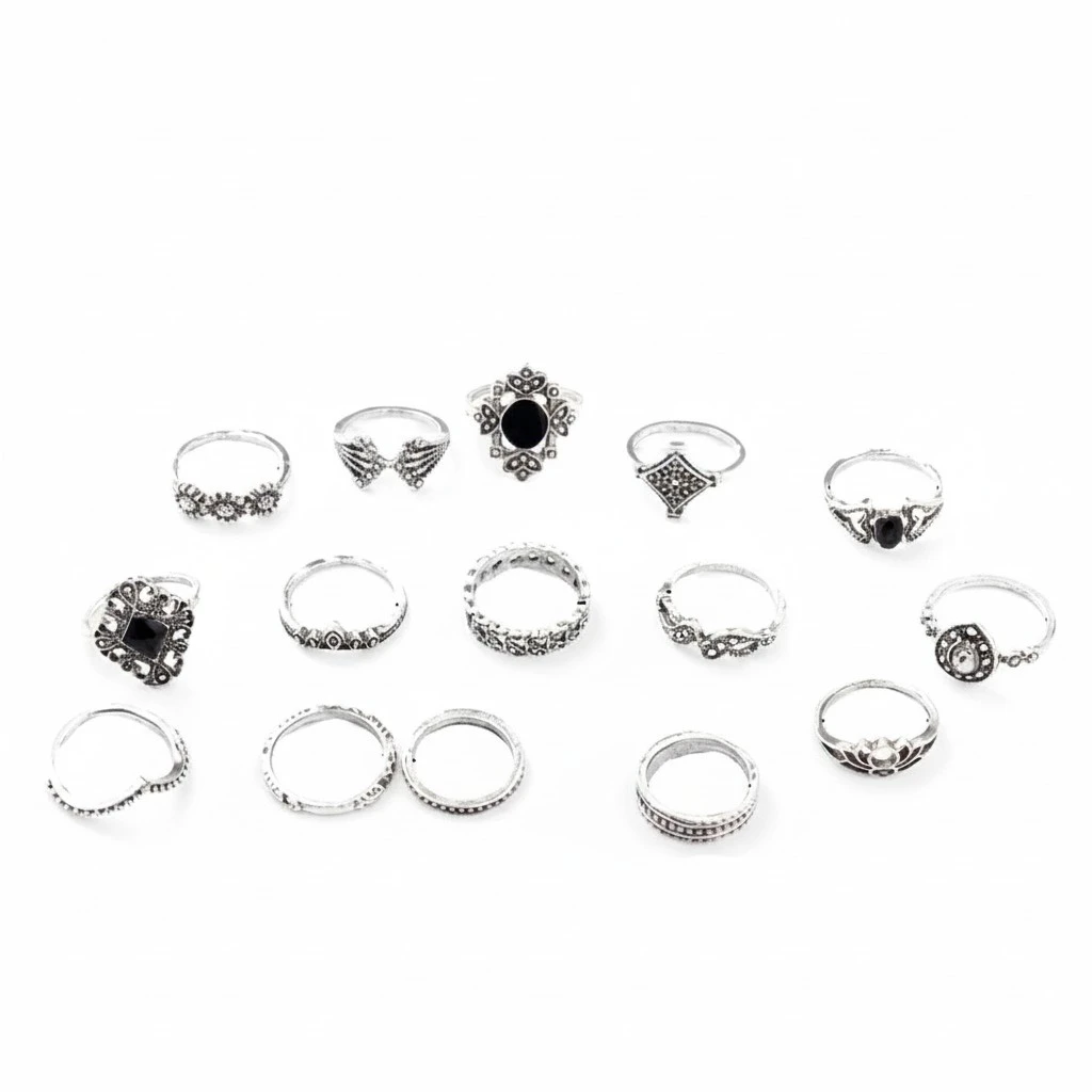 15 Pcs Retro Carved Female Rings Hollow Geometric Black Gemstone Rings Finger Ring Set for Women Girls (Silver)