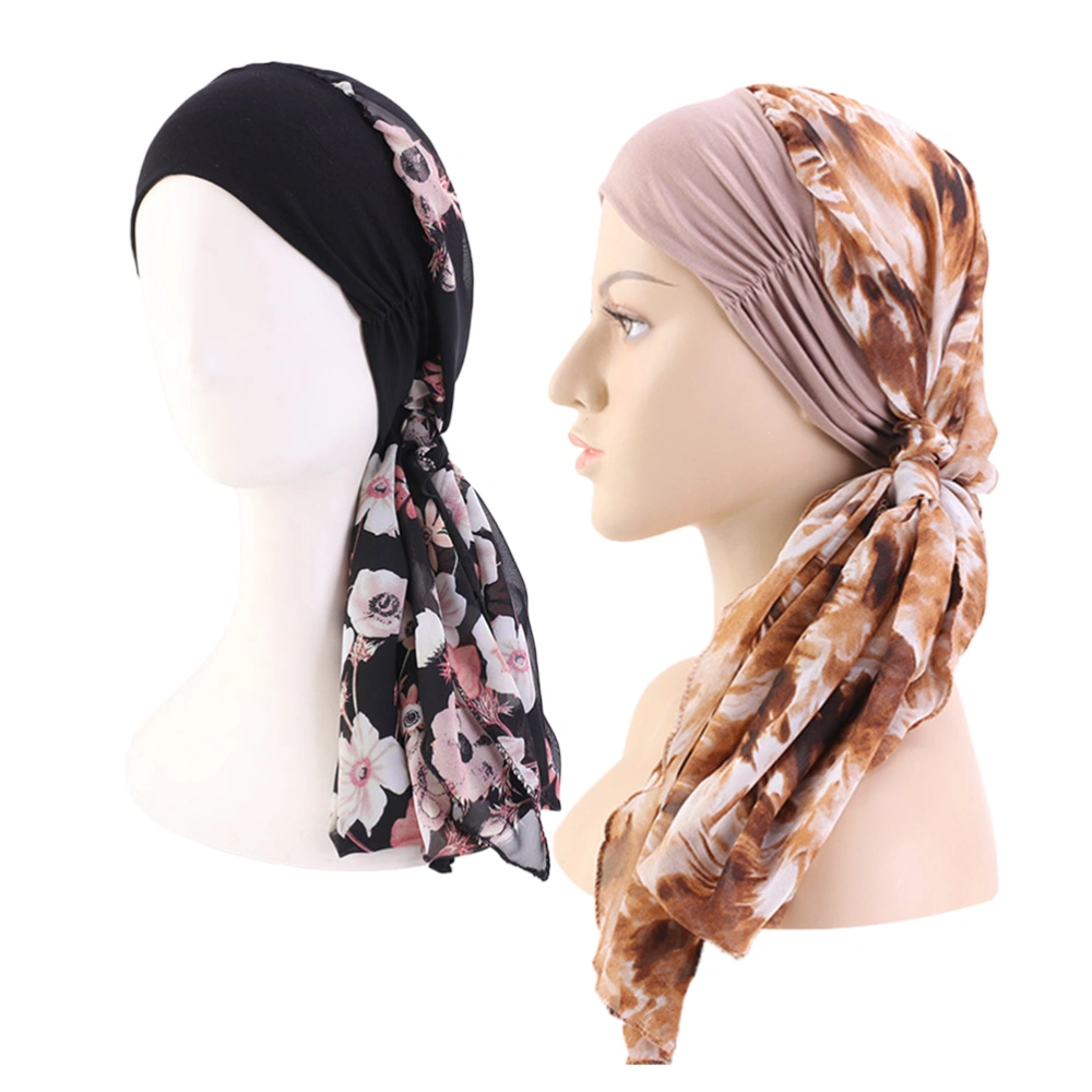 2PC Chiffon Ribbon Scarf Hat Fashion Printing Turban Fresh Breathable Chiffon Female Headscarf Hat for Summer Women Wearing (Khaki+Black)