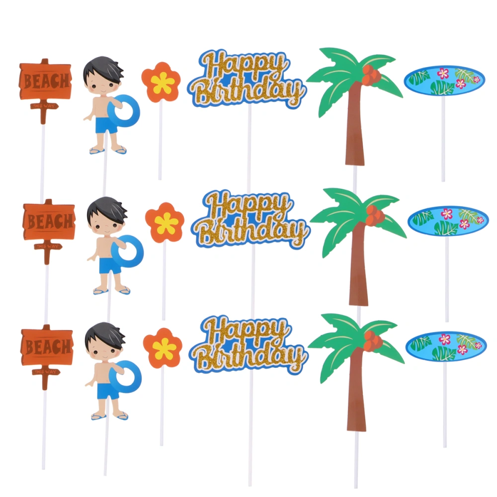 48pcs Beach Glitter Printing Cake Toppers Surfing Theme Cake Picks Paper Cake Decoration Hawaiian Party Dessert Favor