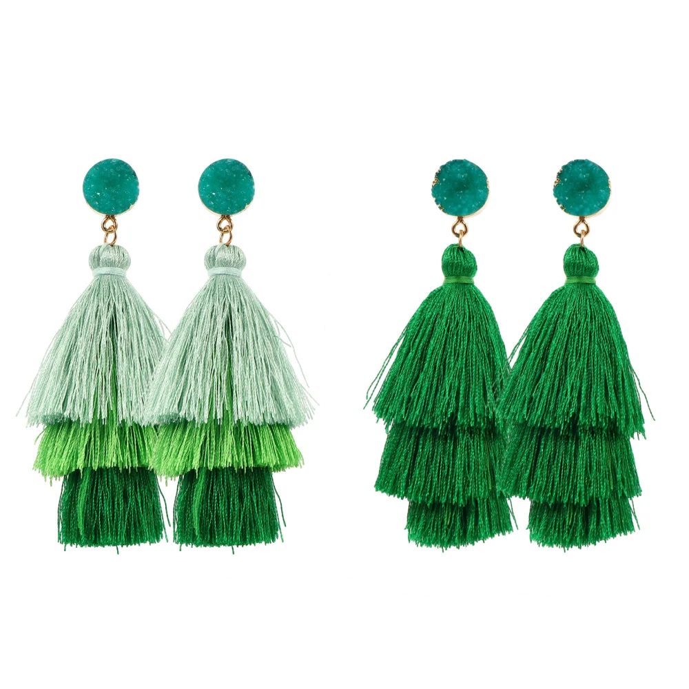 2 Pairs St Patrick's Day Bohemian Style Three Layer Tassel Earrings for Women