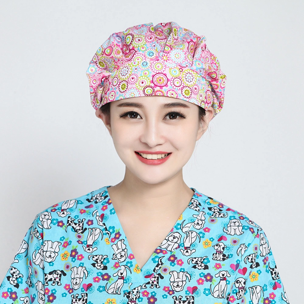 Printed Adjustable Hat Cotton Nurse Hat Doctor Working Hat Fashion Operating Room Hat (Pink Flower)