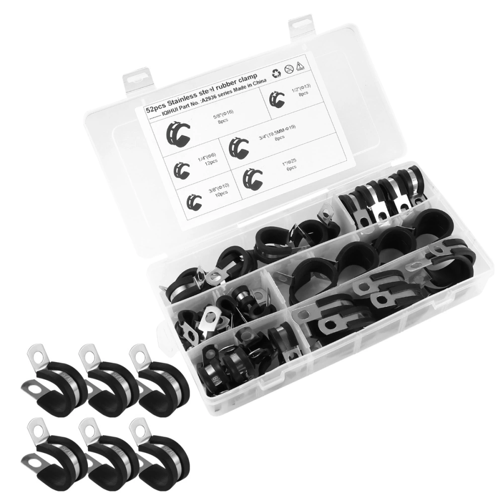 52pcs R-shaped Hose Pipe Clamps Air Clamps Rubber Cable Clamp Assortment Kit