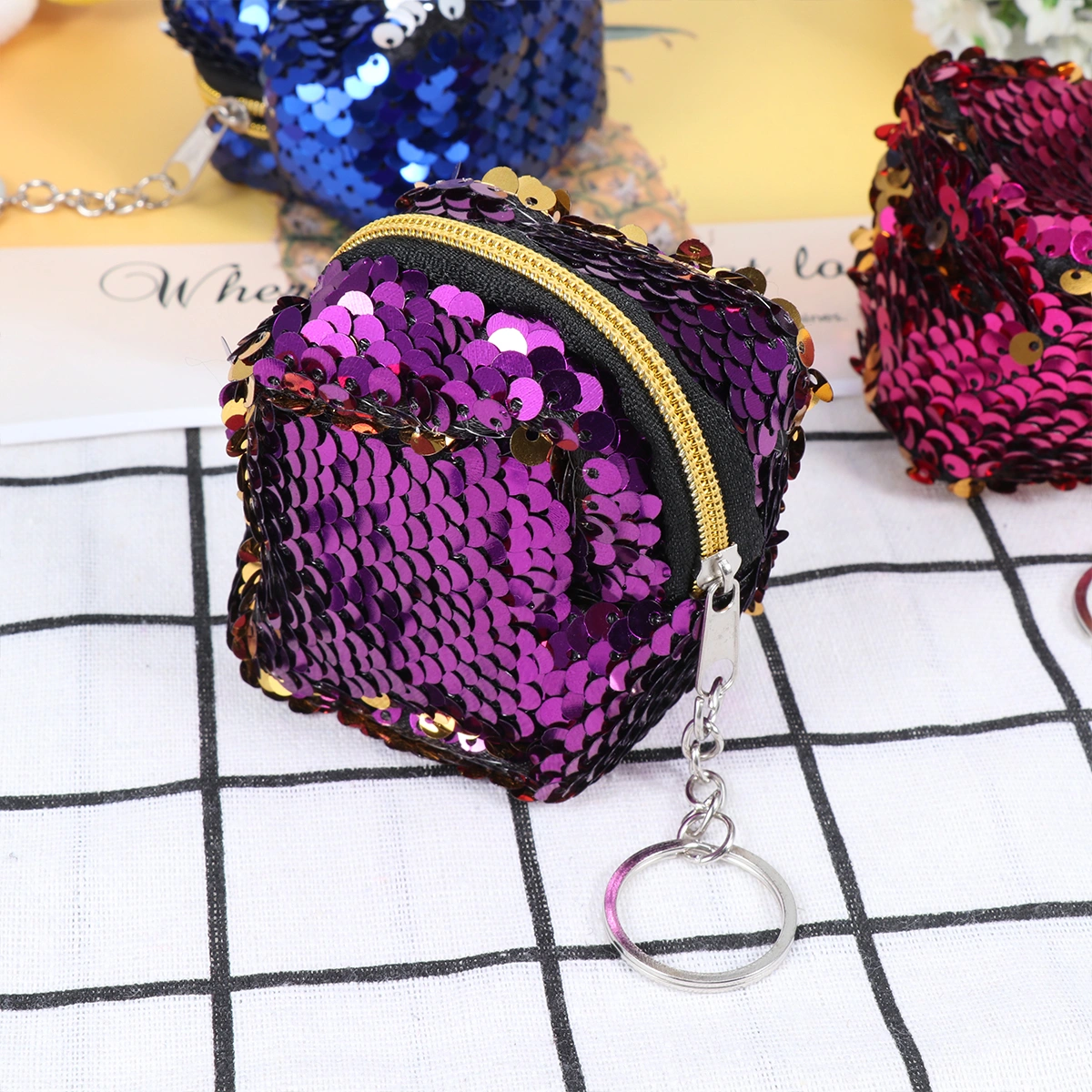 3Pcs Zipper Coin Purses Fashion Three-dimensional Sequins Change Purses Mini Wallet for Children Girls (Rosy Purple Blue 1 Each)