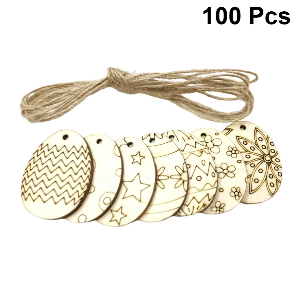 100pcs Creative Easter Egg Shape Hanging Wooden Slices Kids DIY Craft Ornament Easter Wooden Pieces Pendant Decoration Wood Cutouts DIY Accessories Wooden Chip with Hemp Rope(50pcs in 1 Pack)