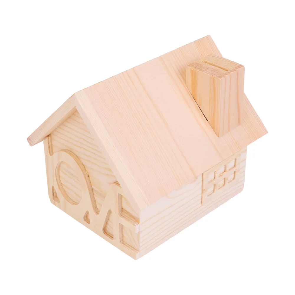 LOVE Decorative Storage Box Wooden House Painting Container Desktop Money Candy Wood Box (LOVE Pine House)