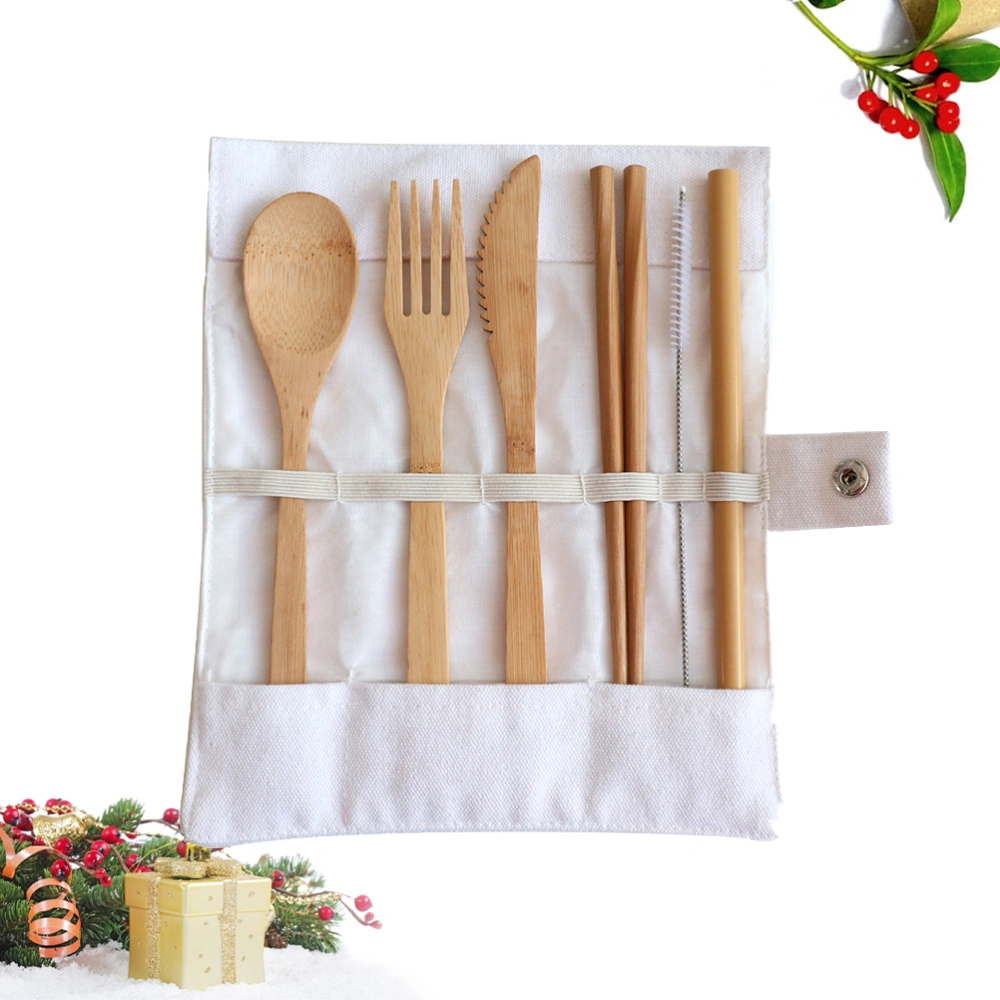 6PCS Bamboo Tableware Set Portable Outdoor Flatware Eco-friendly Travel Cutlery Food Serving Kit (White)