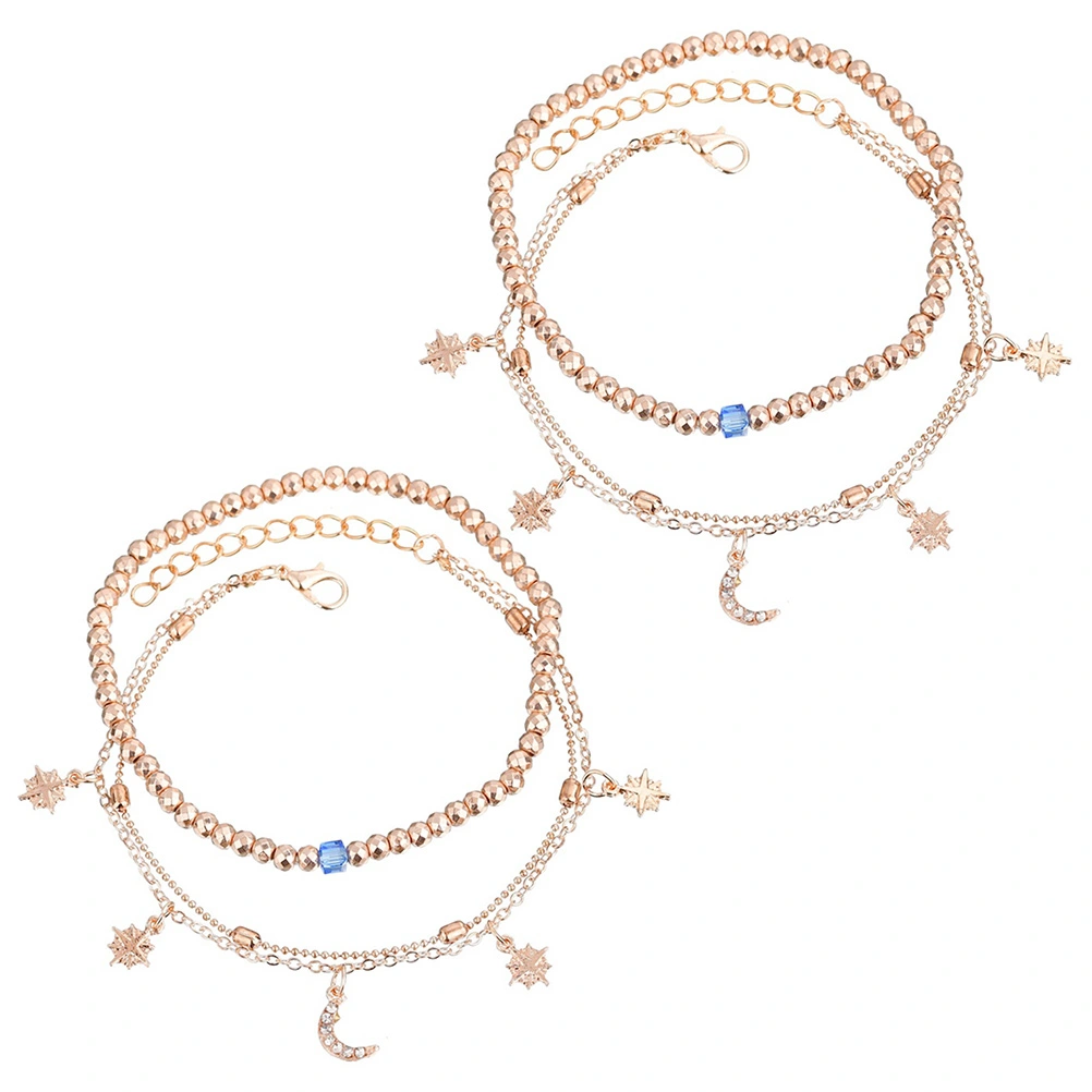 2 Sets/4PCS Multi-Layer Anklets Moon Star Design Beach Beautiful Vintage Alloy Foot Chains for Women Girls Decoration