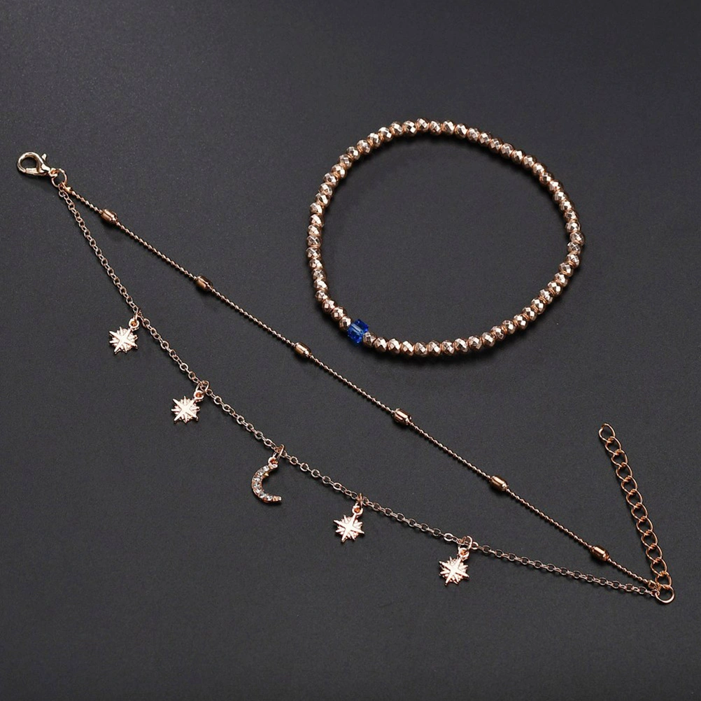 2 Sets/4PCS Multi-Layer Anklets Moon Star Design Beach Beautiful Vintage Alloy Foot Chains for Women Girls Decoration