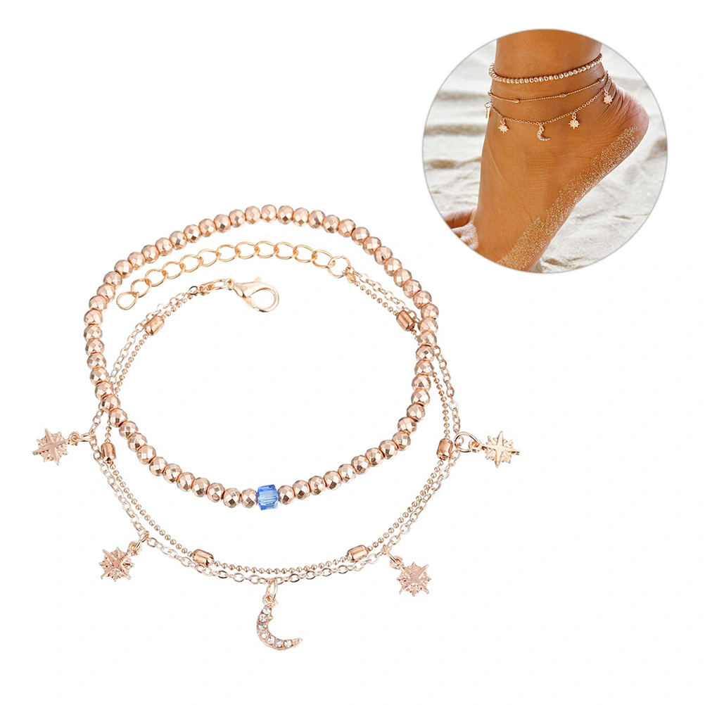 2 Sets/4PCS Multi-Layer Anklets Moon Star Design Beach Beautiful Vintage Alloy Foot Chains for Women Girls Decoration