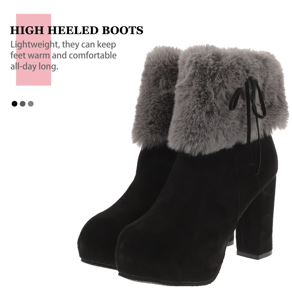 1Pair Chunky Heel Plush Boots Retro Winter High-heeled Boots Women Shoes