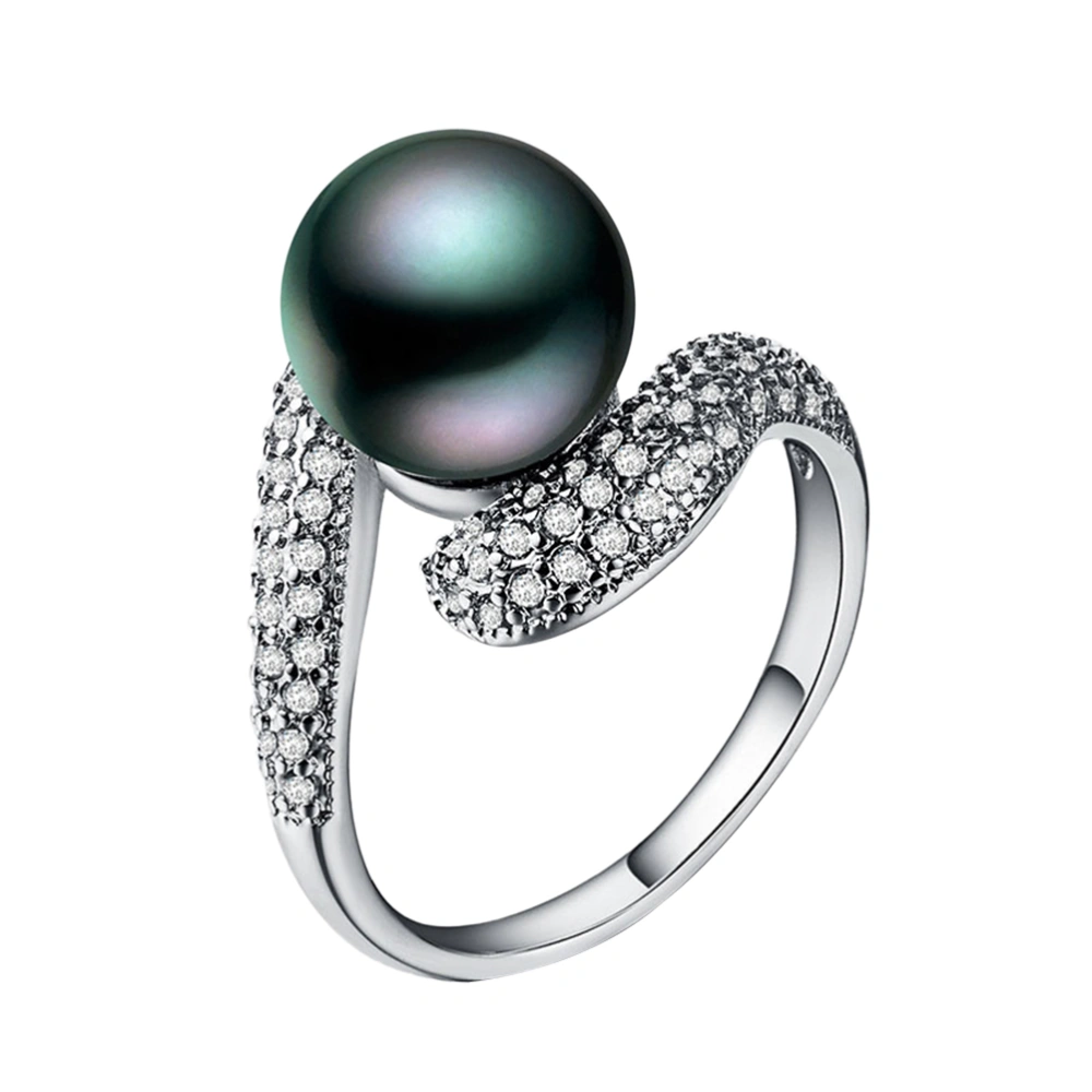 Natural Freshwater Pearl Ring Women Fashion Zircon Ring Wedding Jewelry(Black,Number 10)