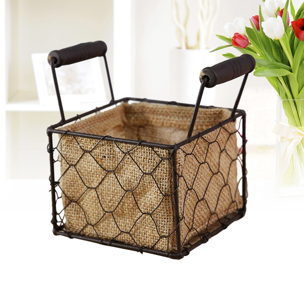 Creative Retro Cloth Basket Rural Style Storage Basket Flower Basket Wire Square Basket with Handles Home Decor Ornament for Home Garden Yard