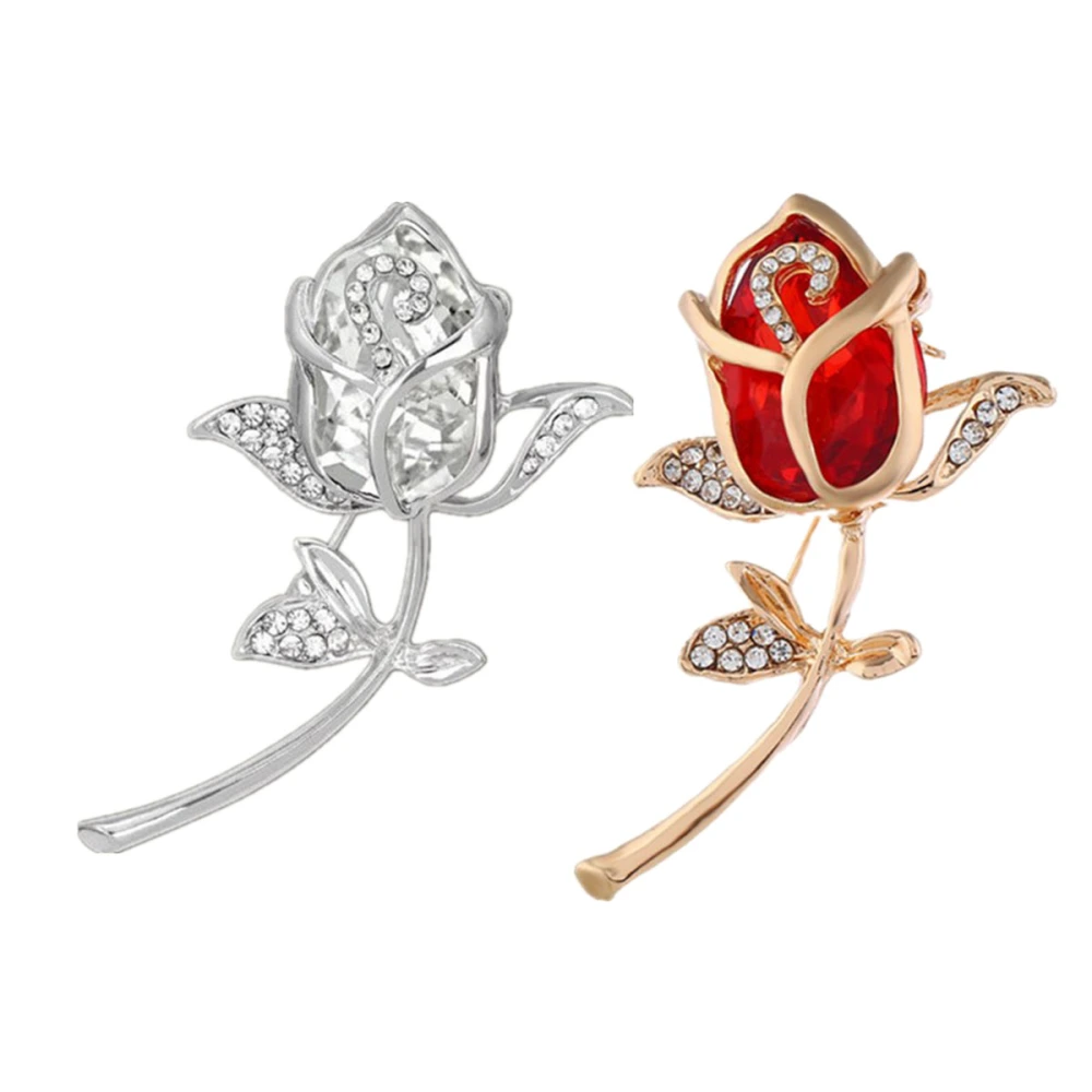 2 Pcs Rose Flower Brooch Alloy Sweater Brooch Rhinestone Breastpin Clip Cardigan Brooch Clip Corsage Gift Costume Jewelry Accessories Gift for Women Valentine's Day(Red+ White K White Rhinestone)