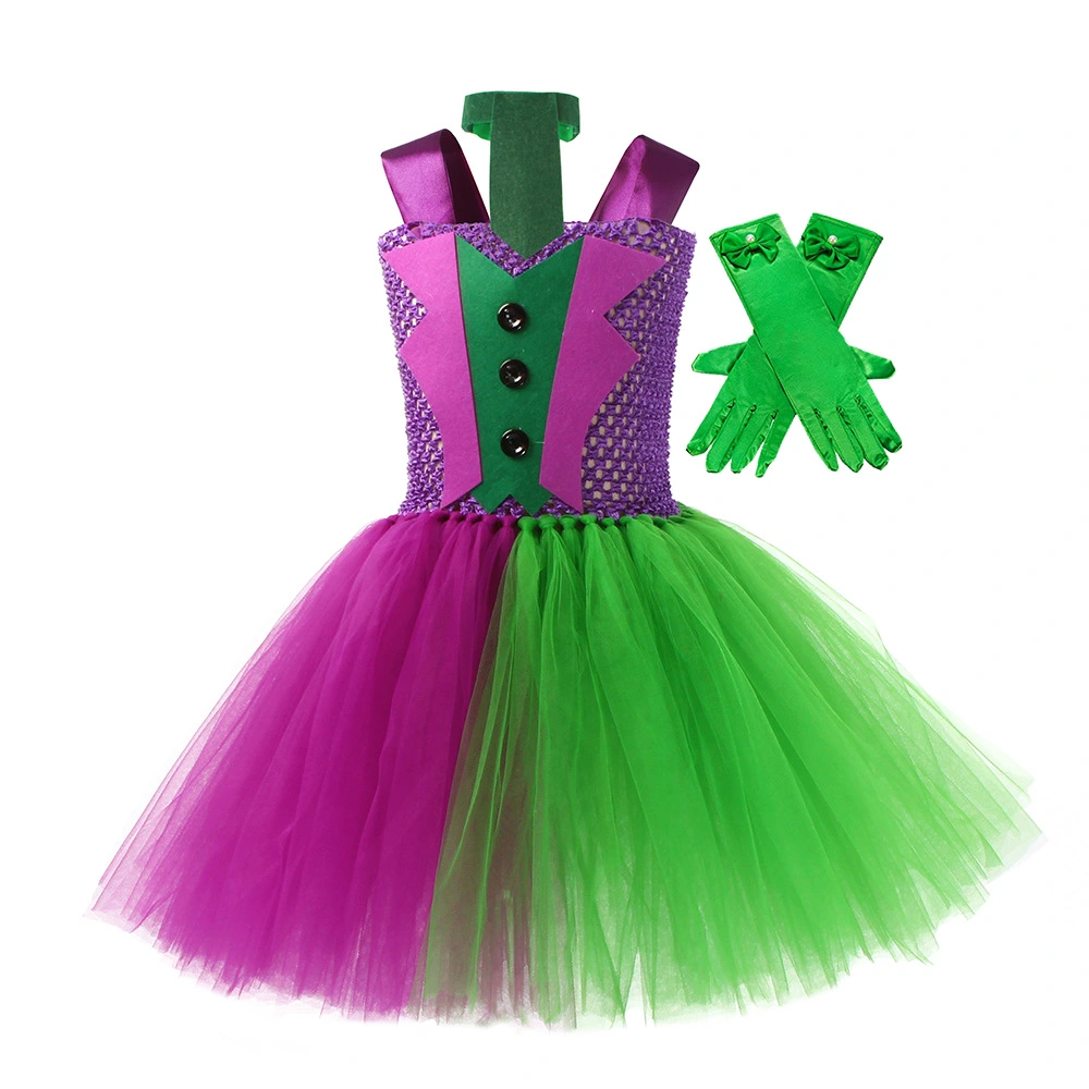 1 Set Cosplay Clown Costume Little Girl Sleeveless Dress Decorative Gloves Necktie for Halloween