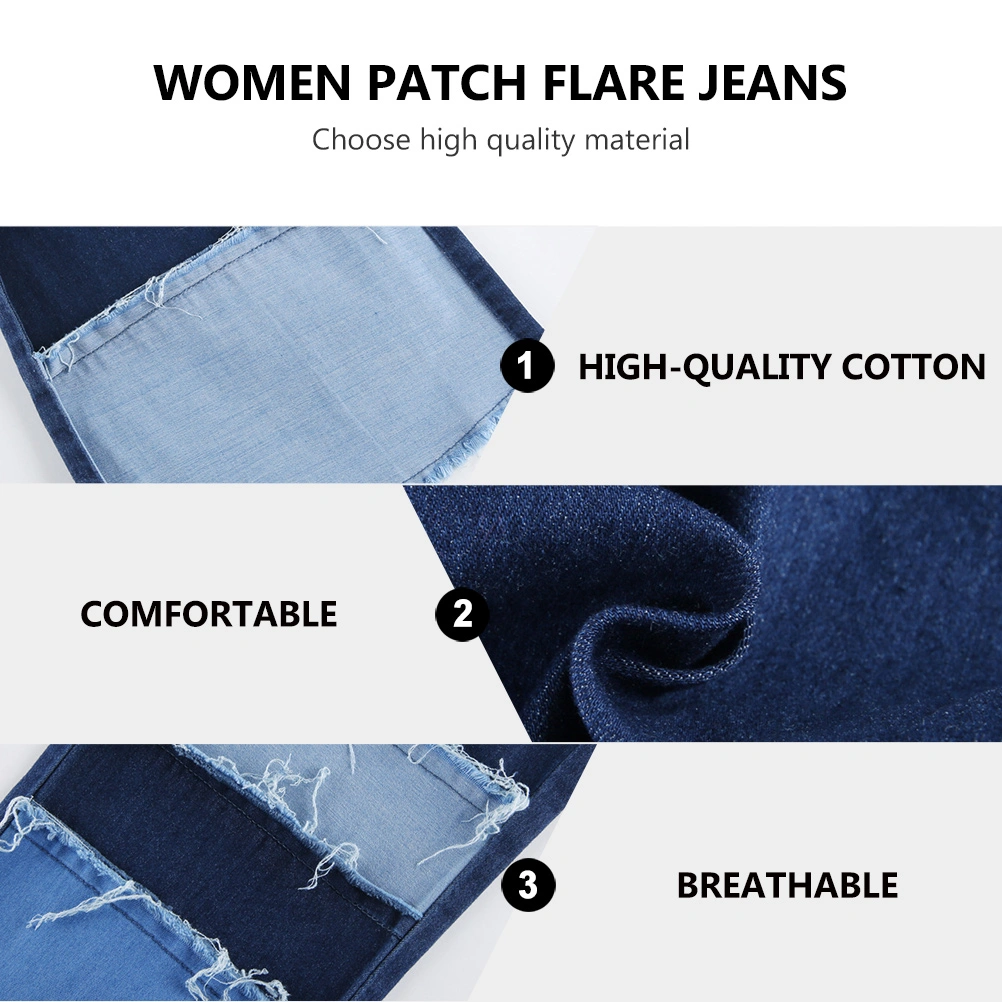 1 Pair Women Patch Flare Jeans High Waist Pants Bell-Bottom Pants Female Pants