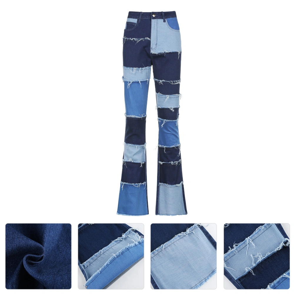 1 Pair Women Patch Flare Jeans High Waist Pants Bell-Bottom Pants Female Pants