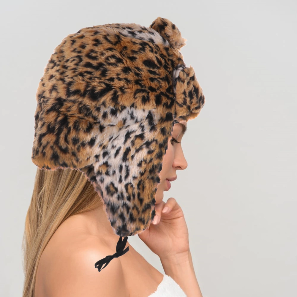 Leopard Design Trapper Hat Winter Thicken Warm Hat Outdoor Skiing Headdress with Ear Flaps