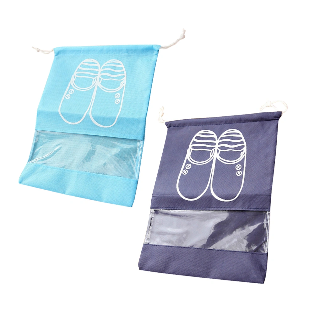 2 Pcs Travel Shoes Bags Thicken Portable Drawstring Shoes Pouch Space Saving Storage Bag Dustproof Shoes Storage Organizer (Navy+Blue)