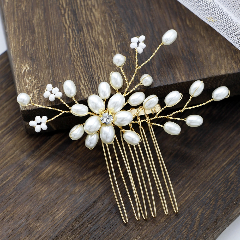 2pcs Hair Comb and 4pcs Hairpins Handmade Pearl Beaded Jewelry Set for Wedding Bride Party