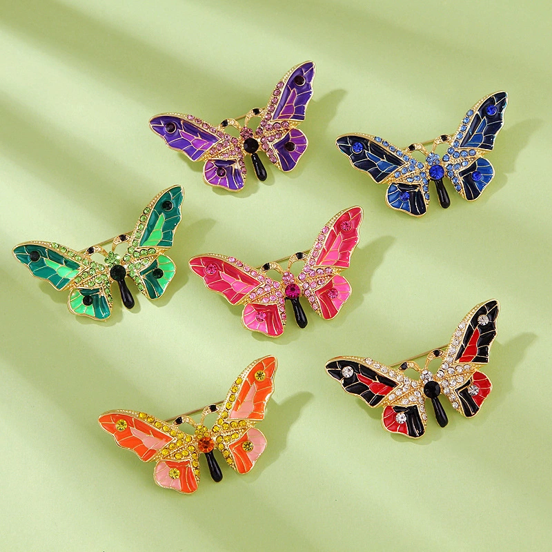 Women's Stylish Simple And Versatile Alloy Dripping Colorful Crystals Butterfly Brooch