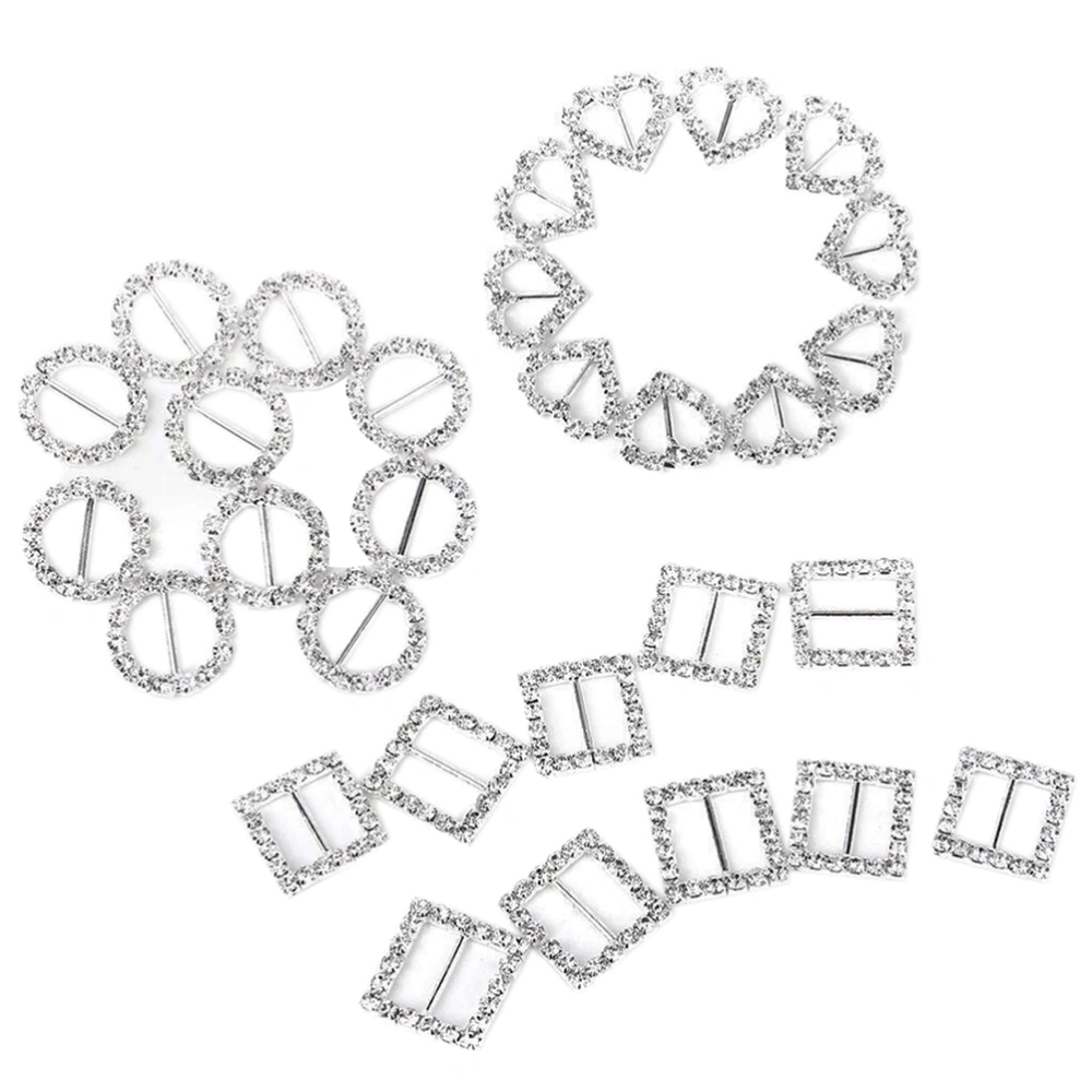 30pcs Heart / Round / Square Shape Ribbon Buckle Sliders for DIY Craft Wedding Invitation (Silver)