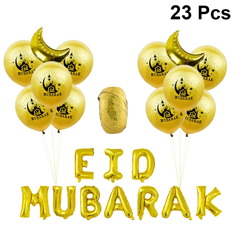 23pcs Golden Muslim Ramadan Latex Balloons Eid Mubarak Letter Printing Balloons Aluminum Foil Ornaments Set Layout Decorations Party Supplies with Ribbon