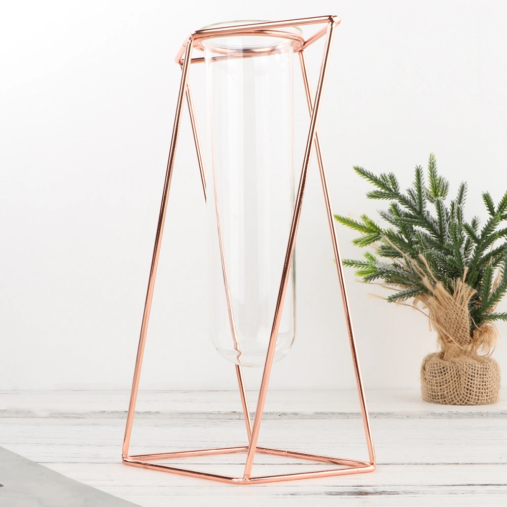 1Pc Geometric Art Vase Hydroponics Flower Planter Iron Art Glass Tube Vase Green Plant Container (Rose Gold, Long without Flower)