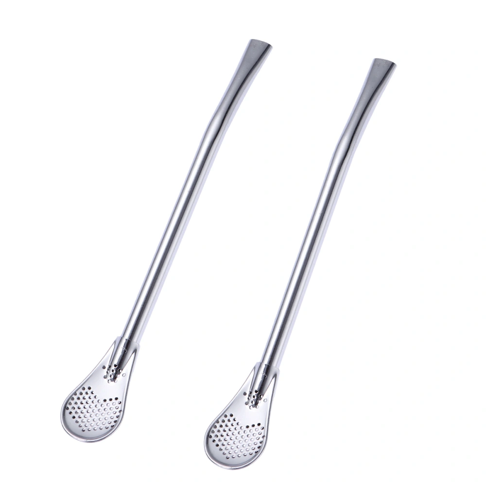 2 Pcs/Pack 17.5cm Stainless Steel Drinking Spoon Straw Reusable Straws Cocktail Spoons Set for Coffee Juice(Big Size)