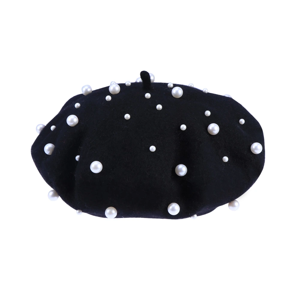 Women's Pearl Beret Autumn Winter Cashmere Luxury Heavy Work Beret Starry Beaded Pearl Rivet Wool Beret Free Size (Black)