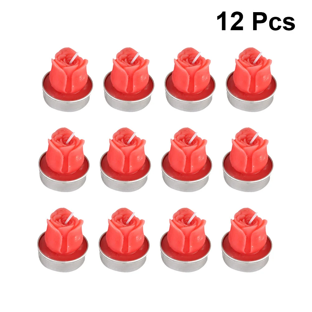 12pcs Rose Shape Candles Paraffin Wax Candle Romatic Proposal Candle Valentine's Day Decoration Party Supplies Red