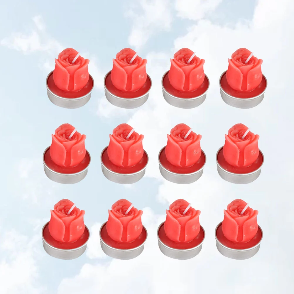 12pcs Rose Shape Candles Paraffin Wax Candle Romatic Proposal Candle Valentine's Day Decoration Party Supplies Red